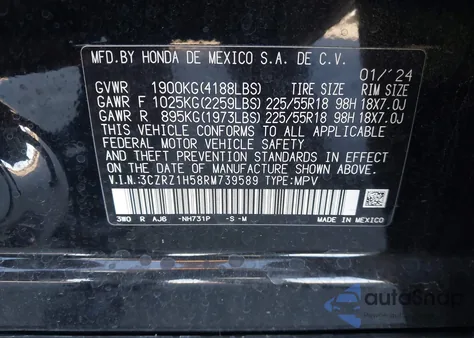 2024 Honda Hr-V 2Wd Sport W/O Bsi/Sport z USA, uszkodzony, nr VIN 3CZRZ1H58RM739589